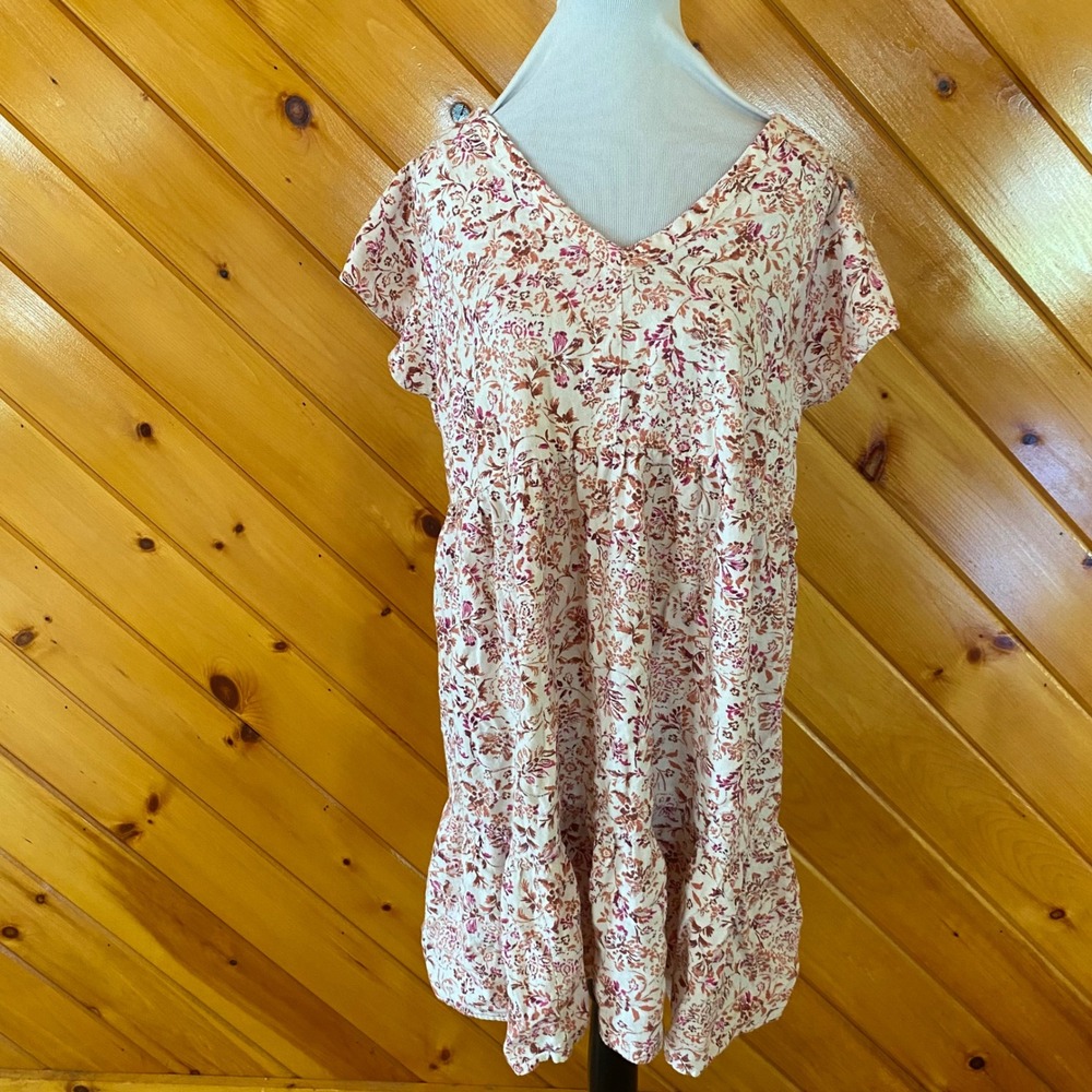 Isabel Maternity Floral Linen Blend Tiered Dress XL V-Neck Flutter Sleeve Pink